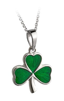 SS Green Enamel Shamrock Pendant 18"